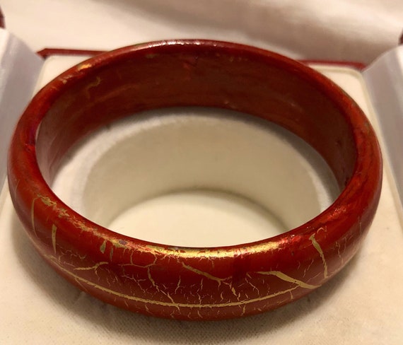 Red Leather Bangle Bracelet with Gold Lame accent… - image 4