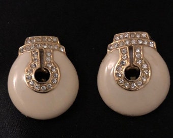 Cream Enamel, Gold, & Rhinestone Clip On Earrings- Gorgeous- Vintage