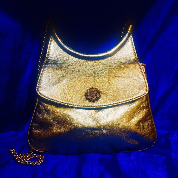 Vintage Gold Lame Evening Bag: Rhinestone Fastener, Metal Chain 