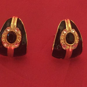Black Enamel Earrings -Gold, & Swarovski Chyrstal/ Clip On /Bold Vintage Earrings