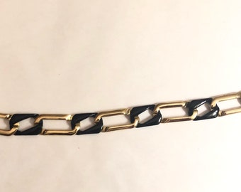 Large Art Deco Gold Linking Rectangles And Black Enamel Squares Bracelet Fold Over Clasp- Classic- Vintage 8 1/2"