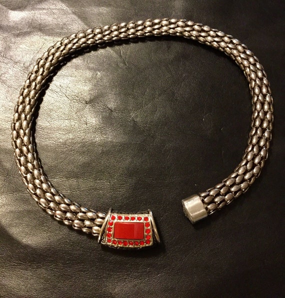 Silver Thick Mesh Choker With A Red Stone & Rhine… - image 3