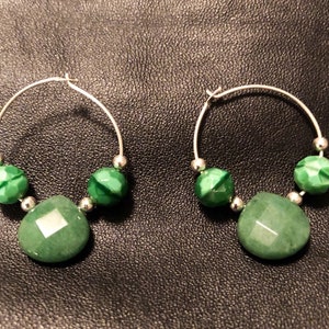 Green Jade Rose Cut Teardrop Silver Hoop Earrings- Pierced