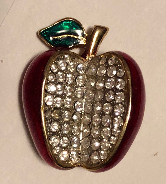 Red EnamelApple - with Green Leaf -Clear Crystal … - image 1