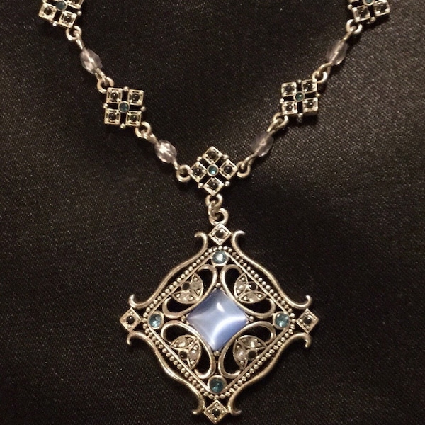 Avon Blue Faux Moonstone & Filigree Celtic Cross Pendant with Crystals Silver Chain, Nina Ricci