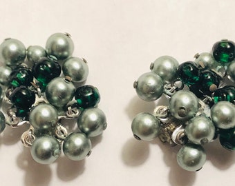 Shades of Green Glass Beaded Pearl Clip On Earrings- Cluster Earrings ,"Made In Japan",Vintage 1950's- Wedding