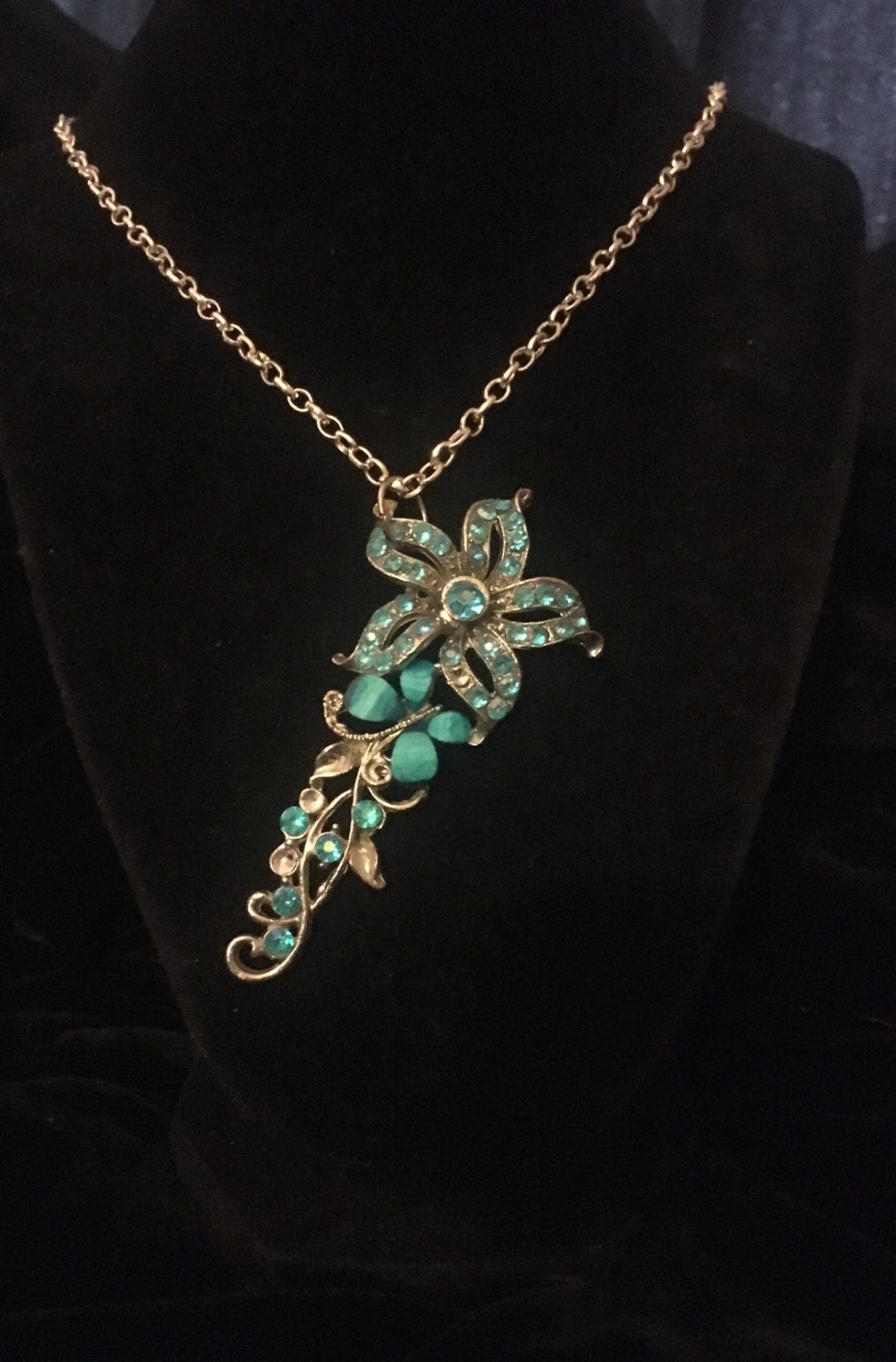Collier Pendentif Et Bracelet En Turquoise Et Strass, Ton Argenté, Occasion