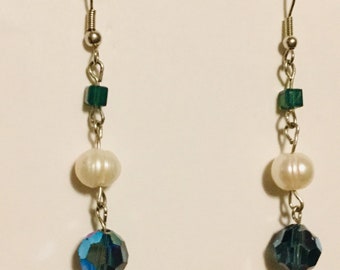 Silver Dangle Drop Earrings with a White 8mm Pearl, Aquamarine & Aqua Swarovski Crystal- Wedding- March Birthday