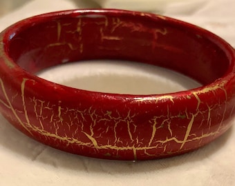 Red Leather Bangle Bracelet with Gold Lame accent Vintage-1980’s