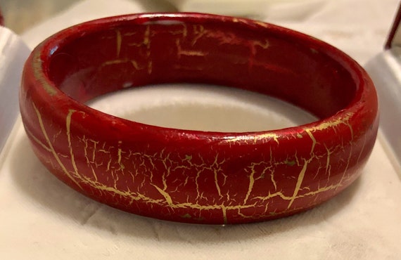 Red Leather Bangle Bracelet with Gold Lame accent… - image 1