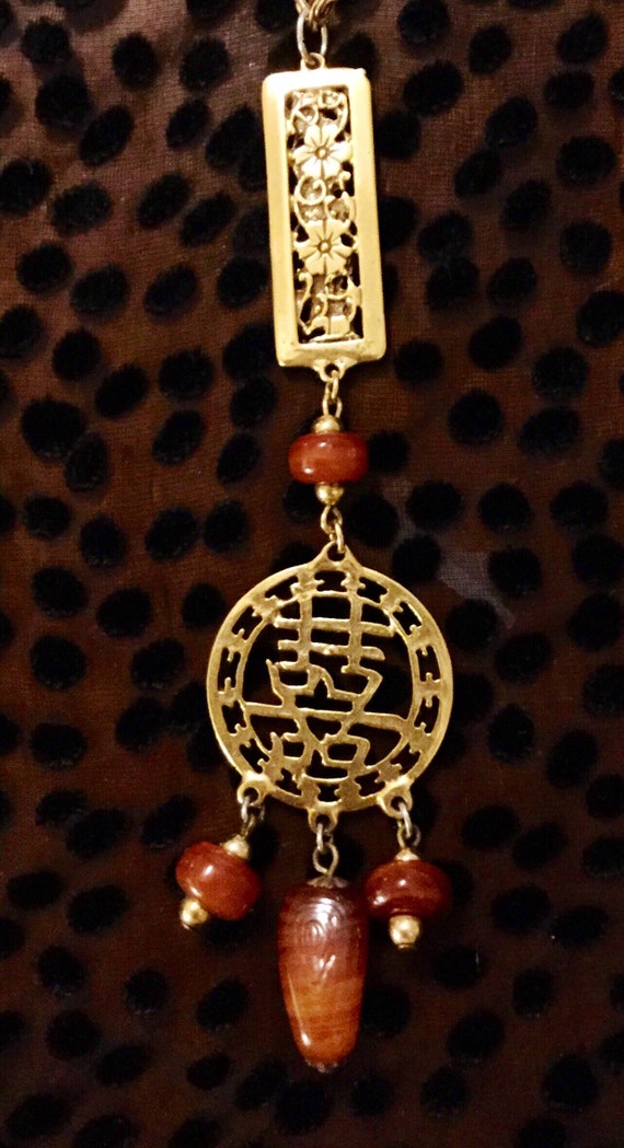 Chinese Gold Symbol Necklace with Brown Stones on 