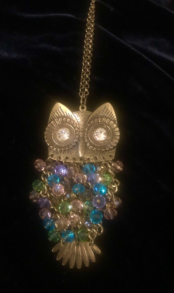 Large Bronze Owl Pendant Necklace Clear Rhinestone