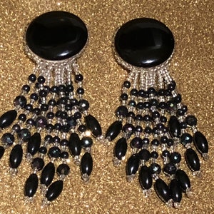Black Iridescent & Clear Multi Strand Seed Bead Glamours Clip On Earrings