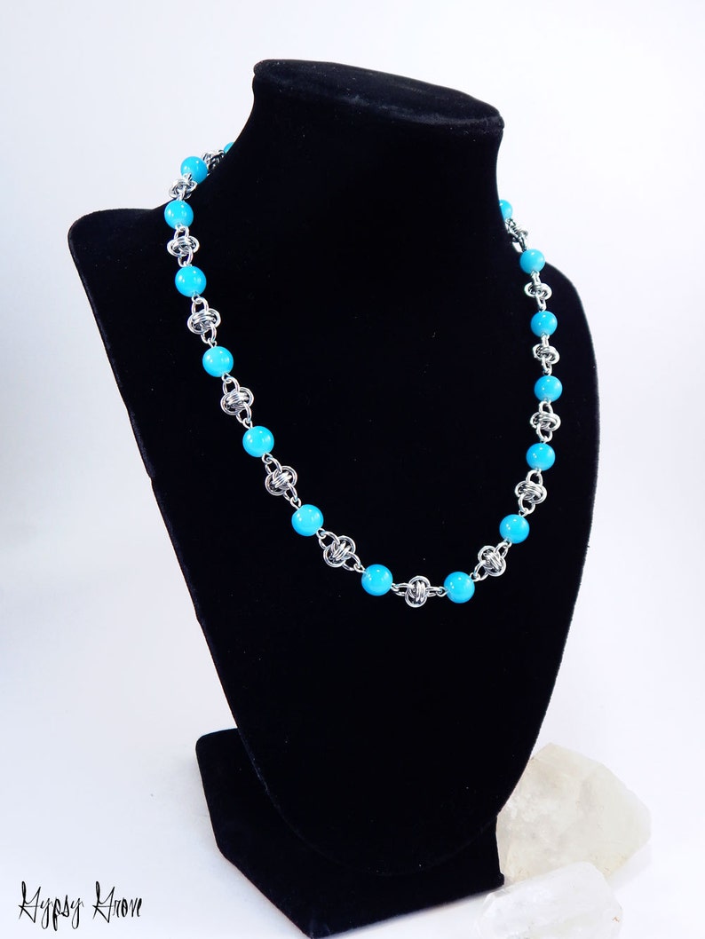 Teal Blue Beaded Barrel Chainmaille Necklace