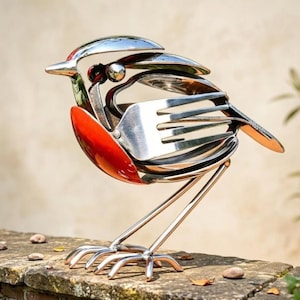 Escultura de petirrojo de metal hecha a mano para jardín, decoración artística plateada para exteriores, regalo único para amantes de las aves.
