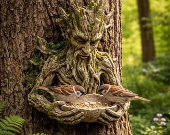 Vogelhäuschen mit Baumgesicht für den Garten | Vogelbad-Skulptur aus Kunstharz in Waldform
