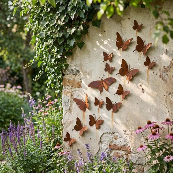 Metal Butterfly Wall Art Set of 15, Rustic Garden Decor, Outdoor Fence Wall Hanging