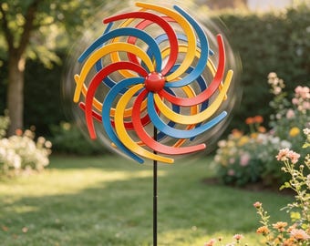 Dwustronny, kolorowy, metalowy wiatraczek ogrodowy, spiralna sztuka ogrodowa w kształcie spirali, tęczowy wiatraczek do ogrodu, na trawnik i patio