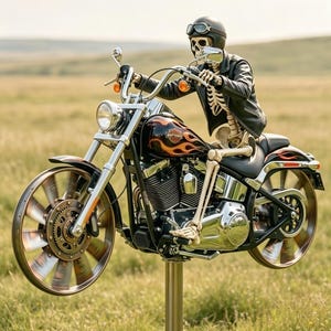 Könnte beinhalten: Ein schwarzes und orangefarbenes Harley-Davidson-Motorrad mit einem Skelett-Fahrer, der eine schwarze Lederjacke und einen Helm trägt. Das Motorrad hat Flammengrafiken und ist auf einer Metallstange in einem grasbewachsenen Feld montiert.