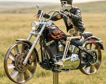 Szkieletowy wiatraczek motocyklowy, gotycka sztuka ogrodowa dla motocyklistów, metalowa dekoracja zewnętrzna