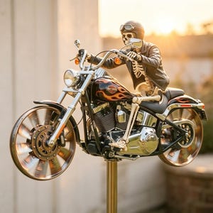 May include: A decorative motorcycle sculpture featuring a skeleton rider wearing a leather jacket and goggles. The motorcycle has a black and orange flame design on the fuel tank and chrome accents. The wheels appear to be spinning.