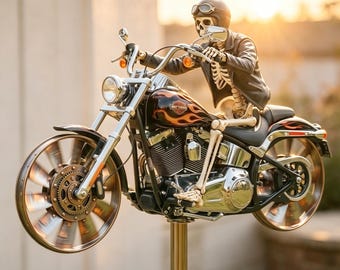 Wiatrak w kształcie czaszki z motocyklem, dekoracja ogrodu na Halloween, prezent w kształcie motocykla, metalowa rzeźba ogrodowa