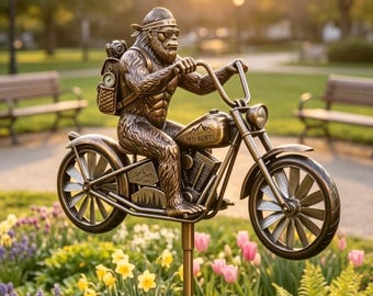 Wiatraczek z motocyklem Bigfoot, metalowy palik ogrodowy Sasquatch Biker, rustykalna, fantazyjna ozdoba na patio, wyjątkowy prezent dla miłośnika Bigfoota i motocyklistów