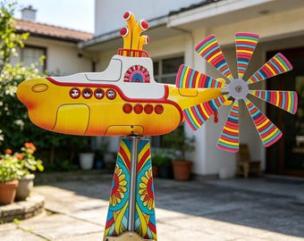 Wiatraczek Beatlesów Żółta Łódź Podwodna, Kolorowy psychodeliczny palik ogrodowy, Dekoracja ogrodowa, Rzeźba kinetyczna