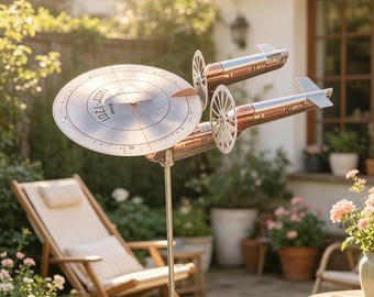 Wiatrak kosmiczny z podwójną gondolą, metalowy palik ogrodowy w stylu science fiction, dekoracja ogrodu, kinetyczna rzeźba wiatrowa