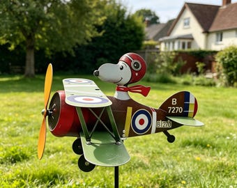 Dwupłatowy wiatraczek Snoopy Flying Ace, dekoracja ogrodowa Peanuts, metalowa rzeźba wiatrowa, nostalgiczny prezent ogrodowy