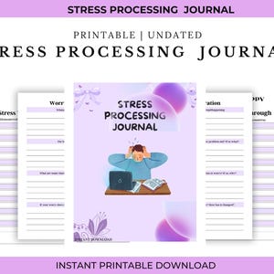 May include: A printable, undated stress processing journal with a light purple cover. The cover features the text "STRESS PROCESSING JOURNAL" and an illustration of a person with their hands on their head. The journal includes lined pages for writing.