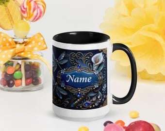 Elegant 3D Floral Butterfly Mug – Blue & Gold Botanical Design