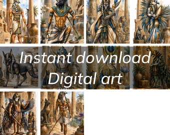 Anubis Horus Egyptian Deities Art – Watercolor Style Mythology Print (Digital Download)