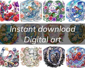 Whimsical Horseshoe Clipart – Floral, Insect, Butterfly Digital Art (Instant Download)