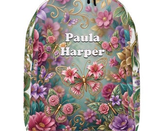Personalized Girls Backpack, Custom Name Floral Butterfly Backpack