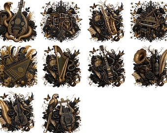 Elegant Black and Gold Musical Instruments Art Collection - Instant Download Clipart for Sublimation Design