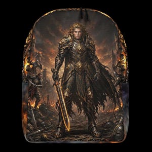 Peut inclure: Un sac à dos avec une impression graphique représentant un guerrier aux longs cheveux blonds portant une armure noire et dorée ornée. Le guerrier tient une épée brillante sur un champ de bataille avec des soldats, des ruines et du feu.