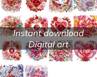 Romantic Heart Roses Ribbon Digital Art (Instant Download)