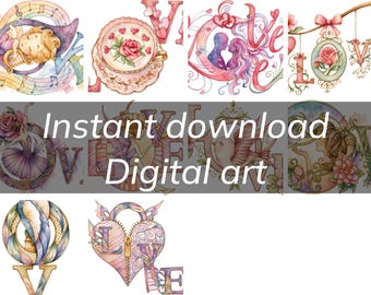 Whimsical Watercolor LOVE Illustration – Harp, Music, Romantic Art (Digital Download)