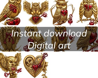 Enchanted Golden Owl on Heart - A Whimsical Digital Art Print for Love and Mystery Lovers
