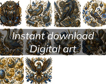 Majestic Birds Fantasy Art Clipart Bundle – Blue Gold Digital Download