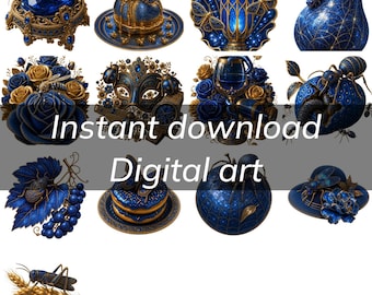 Ornate Blue Gold Insect Art Bundle – Iridescent Beetle Gemstone Digital Print (Instant Download)