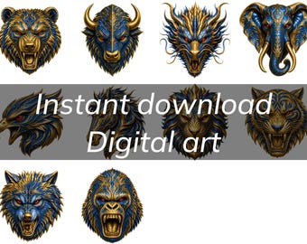 Fierce Animal Heads Digital Art – Gold Blue Dynamic Wildlife Prints (Instant Download)