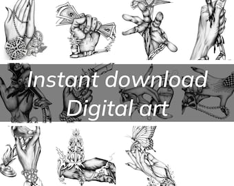 Hands Designed by different Expressions, Grapevine Motifs, Black White Illustration (Instant Download)