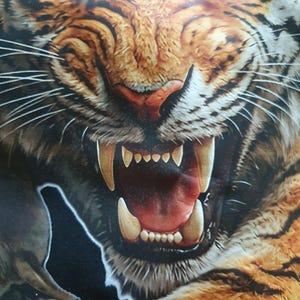 May include: A graphic print of a tiger face with orange, black, and white fur, featuring intense red eyes and an open mouth displaying sharp white fangs and teeth. The tiger is shown in a snarling expression with visible whiskers and detailed fur texture.