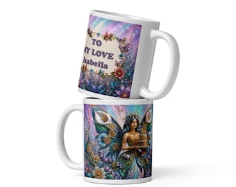 Personalized Fairy Birthday Mug, Whimsical Fantasy Butterfly Flower Ceramic Cup