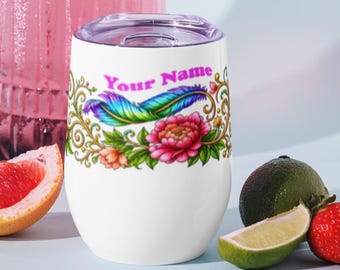 Personalized Feather Floral Wine Tumbler, Custom Name Drinkware Gift