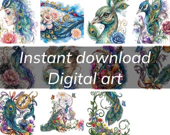 Peacock Woman Profile Watercolor Art – Floral Elegance, Pink Peonies (Digital Download)