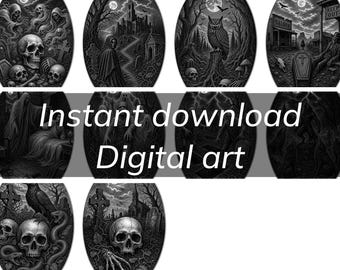 Gothic Graveyard Skulls and Spectral Figures Dark Art Print (Digital Download)