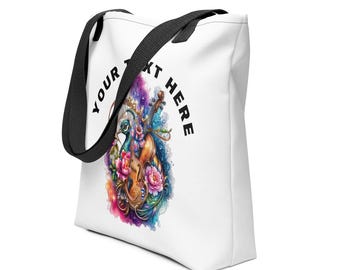 Personalized Peacock Tote Bag, Custom Violin Canvas Purse, Watercolor Floral Shoulder Bag for Women